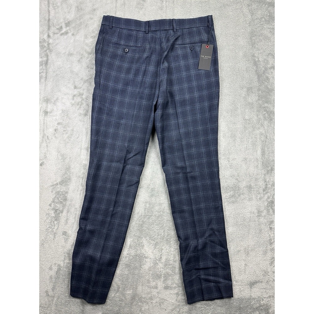 Ted Baker Mens Suit Trousers Navy Blue 34L Check Wool Pants Long Fit
